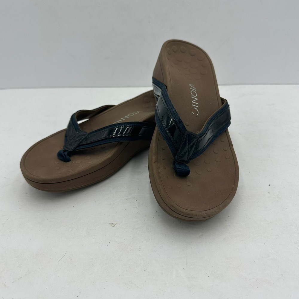 Vionic High Tide Navy Brown Platform Wedge Sandals Womens Size 6 Flip Flops
